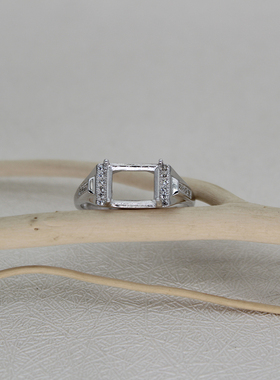 纯银宝石长方形中性风戒指空托