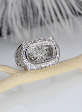 925纯银回字纹马鞍形戒托横版椭圆型戒指托男款戒指空托10*14.5