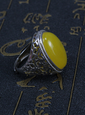 925纯银镶嵌琥珀开口戒指空托