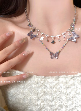 双层辣妹紫色水晶蝴蝶项链女轻奢小众高级感锁骨链百搭颈链配饰品