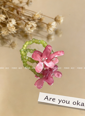 多巴胺彩色紫罗兰串珠花朵戒指女款甜美可爱弹力食指戒度假风指环