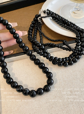 黑色串珠玛瑙珍珠项链女轻奢小众高级感锁骨链气质百搭配饰毛衣链