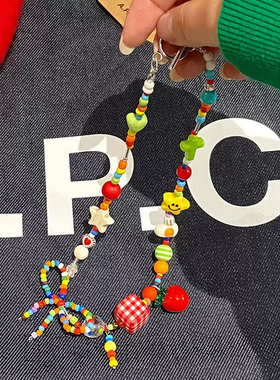多巴胺彩色糖果串珠项链女度假风拍照锁骨链小众设计感蝴蝶结颈链