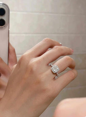 超闪满钻方形锆石戒指女轻奢小众高级感食指戒冷淡风时尚精致指环