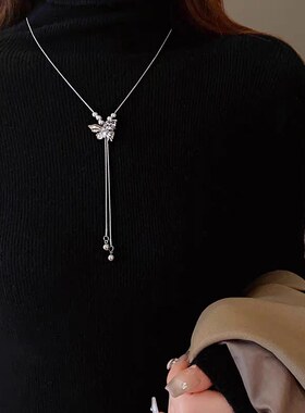 可抽拉银色长款流苏蝴蝶项链女轻奢高级感小众毛衣链甜酷百搭配饰
