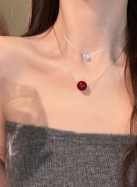 简约双层红色相思豆项链女小众设计高级感锁骨链气质百搭复古颈链