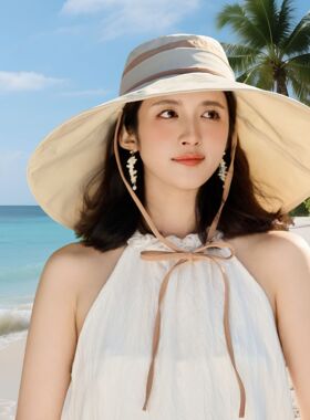 夏季新款帽子女可折叠拆卸系绳太阳帽户外出行超大檐防紫外线遮阳