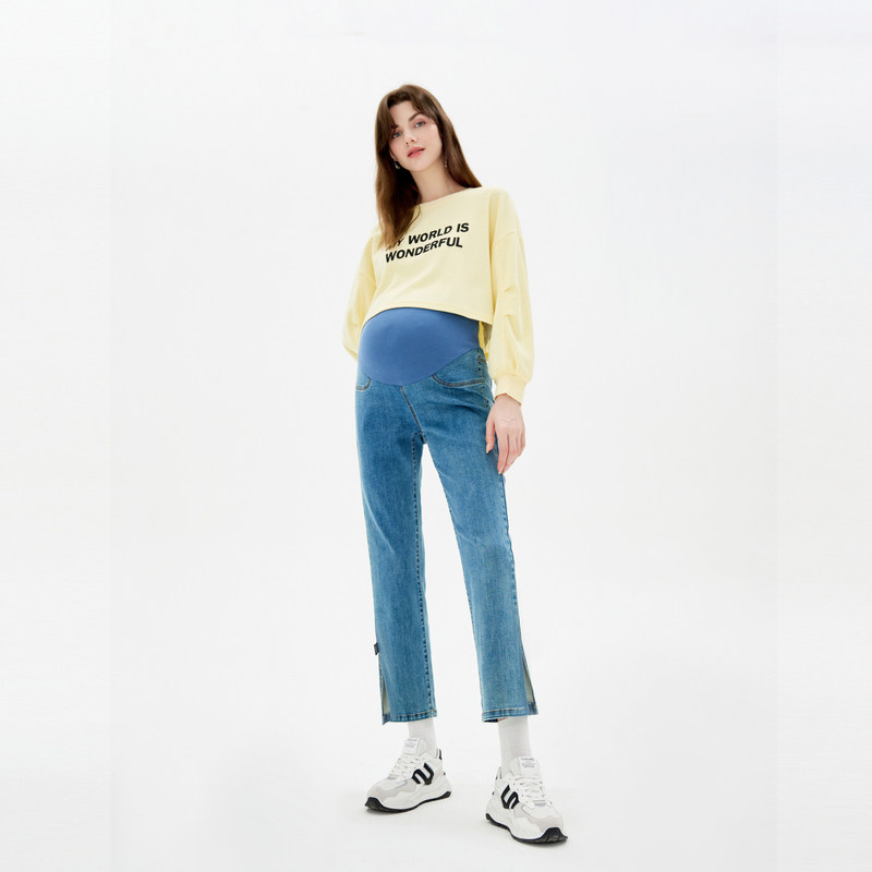 快乐屋孕妇直筒裤春秋弹力开叉牛仔裤2026新款时尚九分裤潮妈外穿,淘宝优惠券,粉丝福利购,淘宝优惠卷