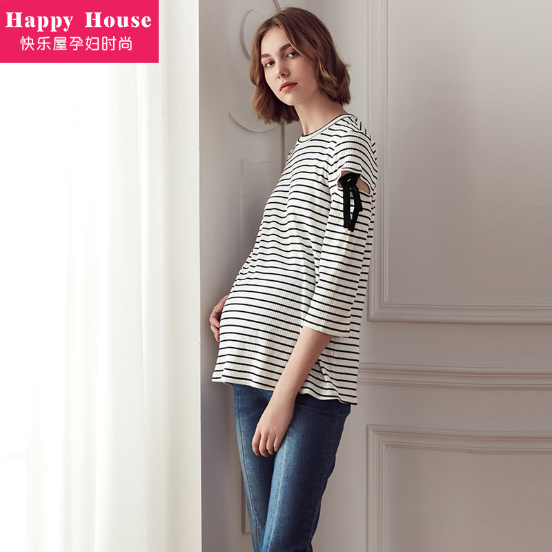 快乐屋孕妇春装中长款圆领条纹外穿 快乐屋T恤