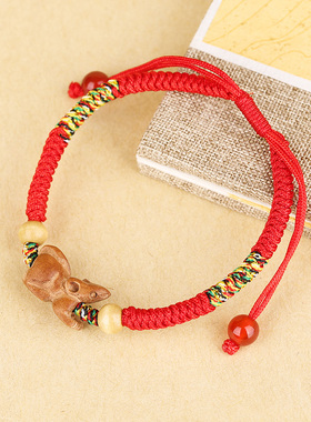 桃木立体雕刻十二生肖红绳手绳