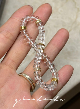 G HANDMADE 天然白水晶3*6药片手串925纯银镀真金莫桑钻转运珠