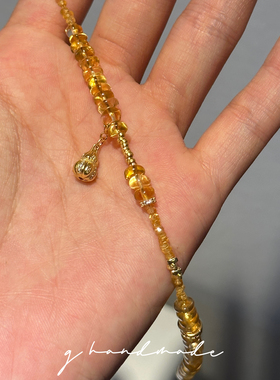G HANDMADE 金葫芦天然黄水晶&芬达宝石手链925纯银镀金招财转运