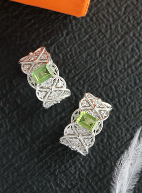 意大利工艺蕾丝镂空编织S925银天然绿橄榄石开口戒指方块复古经典