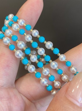 18k金睡美人高瓷美松蓝松石珍珠项链锁骨链极光baby小米珠3-3.5