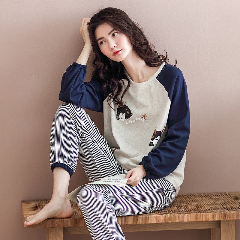 秋天睡衣女纯棉长袖韩版可爱清新条纹春秋两件套家居服套装可外穿,淘宝优惠券,粉丝福利购,淘宝优惠卷