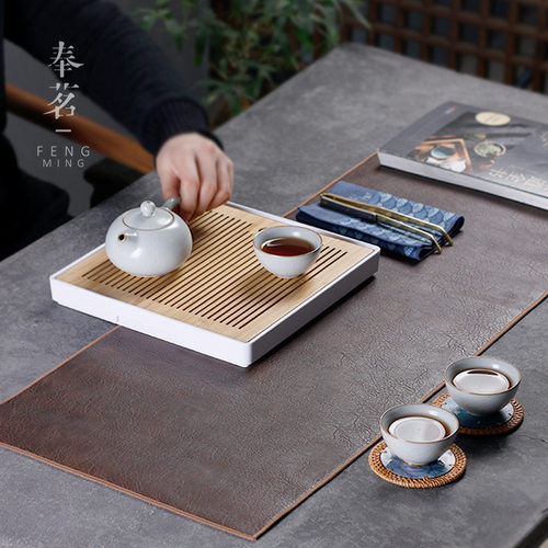 皮革茶席垫子桌旗防水茶垫棕色中式简约风茶桌布高档茶布茶席干泡 - 图2