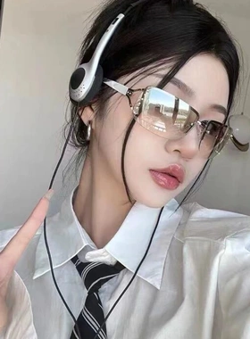 复古无框方形眼镜潮流Y2K辣妹甜酷太阳镜男时尚个性镶钻网红墨镜