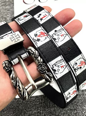 忧郁的富二代鼻血复刻腰带人物手绘图案棋盘格黑白朋克皮带