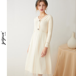 亦谷2020春装新款圆领纱裙拼接长款针织衫仙女裙修身A字连衣裙女