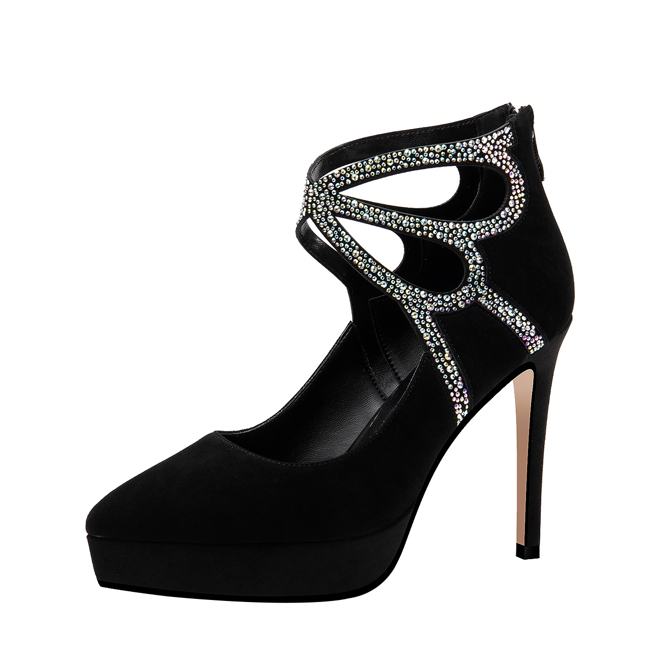 黑色水钻单鞋女2025秋季新款时尚百搭镂空蝴蝶结细跟浅口高跟鞋 - 图3