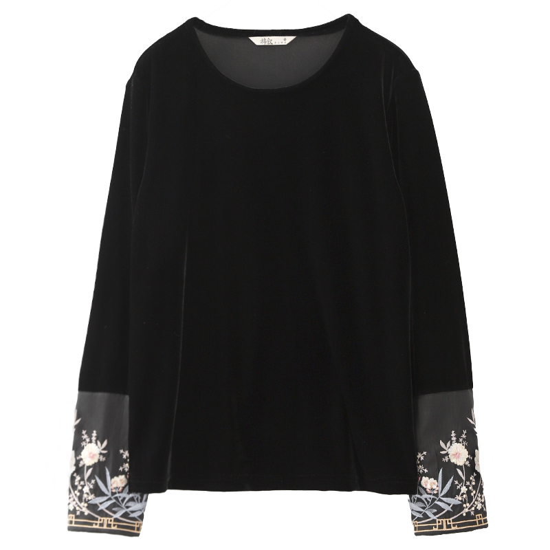棉叙秋冬女士圆领刺绣长袖T恤宽松新中式丝绒打底衫外穿23659,淘宝优惠券,粉丝福利购,淘宝优惠卷