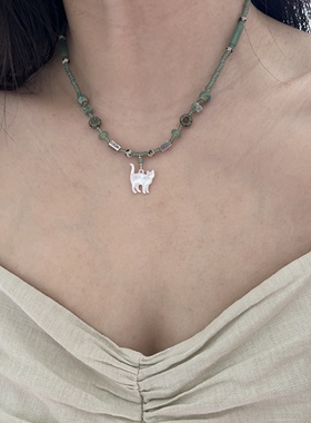 南西Handmade原创手作设计白蝶贝猫猫小财神新中式串珠项链送礼物