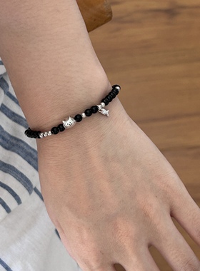 南西Handmade原创设计天然黑玛瑙猫猫手串s925纯银弹力手链送礼物