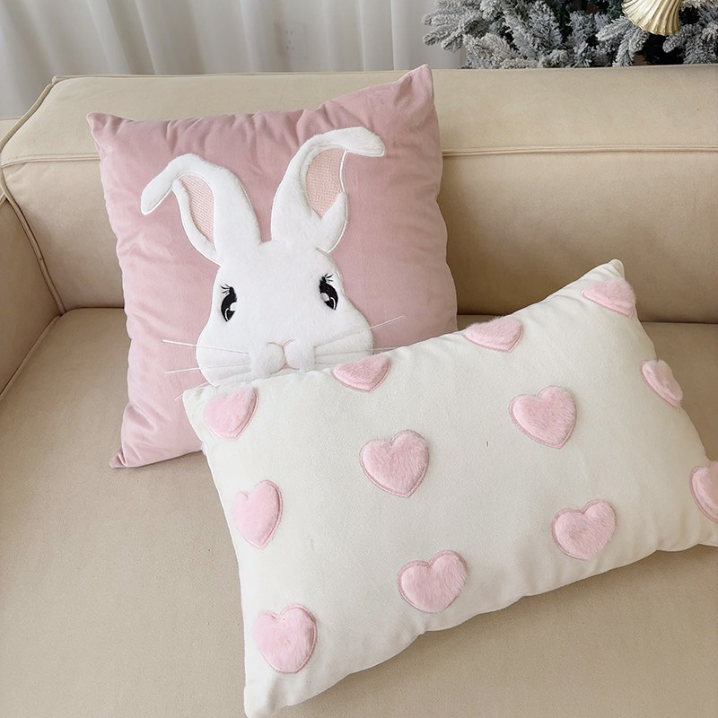 粉色毛绒兔子刺绣抱枕 公主风床头靠垫腰枕少女心靠枕套沙发抱枕,淘宝优惠券,粉丝福利购,淘宝优惠卷
