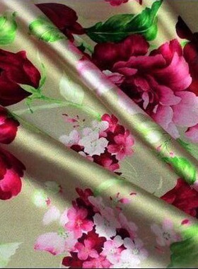 高档加厚重磅真丝布料桑蚕丝绸牡丹印花弹力缎旗袍裙子布料面料夏