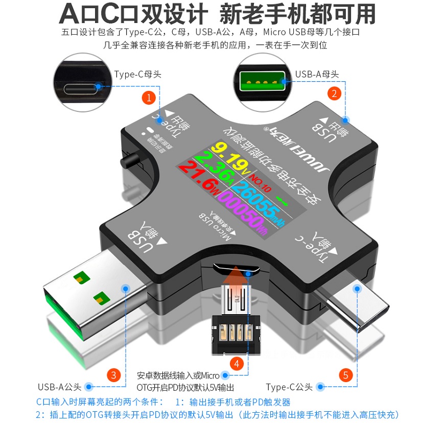 炬为Type-C PD多功能usb测试仪充电器检测仪直流数显电压表电流表 - 图2