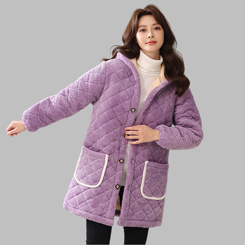 冬季三层加厚法兰绒夹棉加绒棉衣女士中长款连帽特厚家居服棉服女,淘宝优惠券,粉丝福利购,淘宝优惠卷