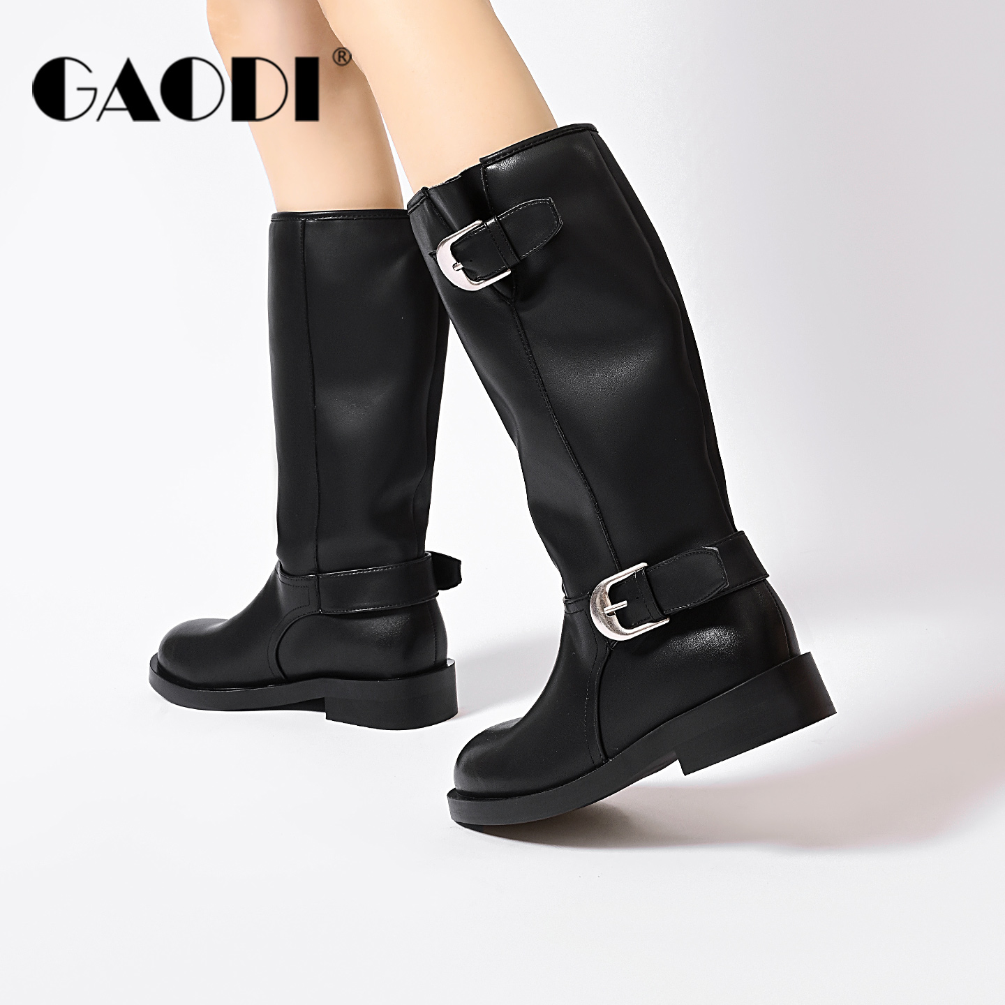 高蒂潮流复古美拉德拼接骑士靴女2025冬季新款套筒靴子长筒靴女 - 图1