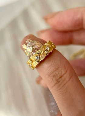 Young老钱中古风编织拉丝镶钻戒指法式复古精致气质百搭藤编女戒