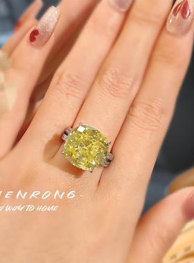 Young精工超大爆闪星空切戒指镶奢华高碳钻鹅黄碎冰花肥正方女戒