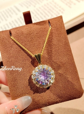 时尚轻奢镀金大克拉烟花切锆石洋芋紫钻项链镶嵌炫彩钻吊坠彩宝女