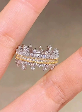 Young轻奢时尚蕾丝花边白雪公主皇冠戒指满钻雪花钻排钻条戒女戒