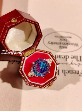 Young时尚轻奢八角玫瑰切戒指时尚镶高碳钻双色帕拉伊巴蓝钻戒女