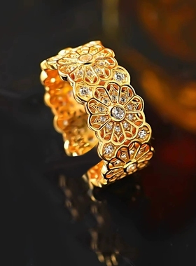 Young新中式复古红刚玉玫瑰花窗戒指女国风气质满钻蔷薇花指环女