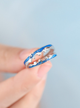 纯银倾城之恋情侣对戒滴胶星月