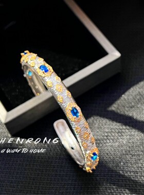 意大利布拉提风格拉丝复古宫廷风手镯双色金电镀镶钻祖母绿手环女