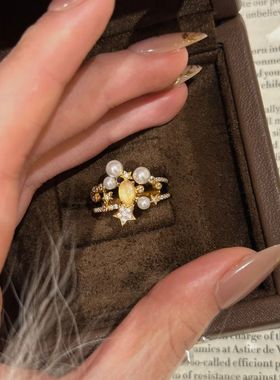 法式复古轻奢星星珍珠戒指女