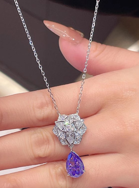 水滴梨形紫钻山茶花项链