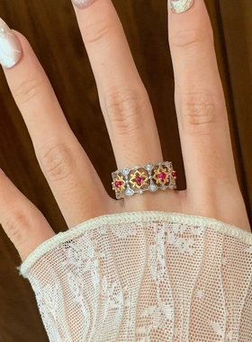Young蕾丝bubu风窗花人工红宝石戒指中式宝相花图腾红刚玉排戒女