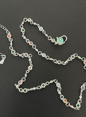 复古泰银旧彩钻滴胶笑脸项链女