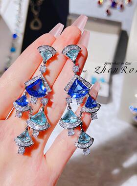 Young轻奢镶钻超闪锆石彩宝扇形水滴项链女耳环小裙子套链珠宝女