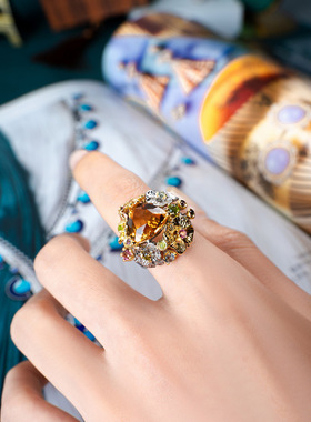 Young仿天然黄水晶彩色宝石戒指宫廷珠宝工艺聚财高级感开口戒指