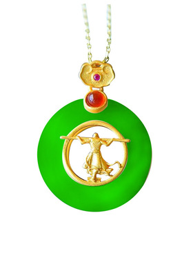 和田玉古法鎏金大圣归来吊坠