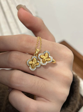 Young法式复古拉丝藤蔓四叶草吊坠中古风镶钻项链花朵戒指耳钉女