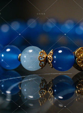 【壮的响亮】琉波如愿蓝玛瑙海蓝宝沙金福如意手链手串