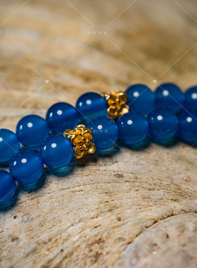 【壮的响亮】碧海福云蓝玛瑙六字真言三通沙金小花108颗手链手串